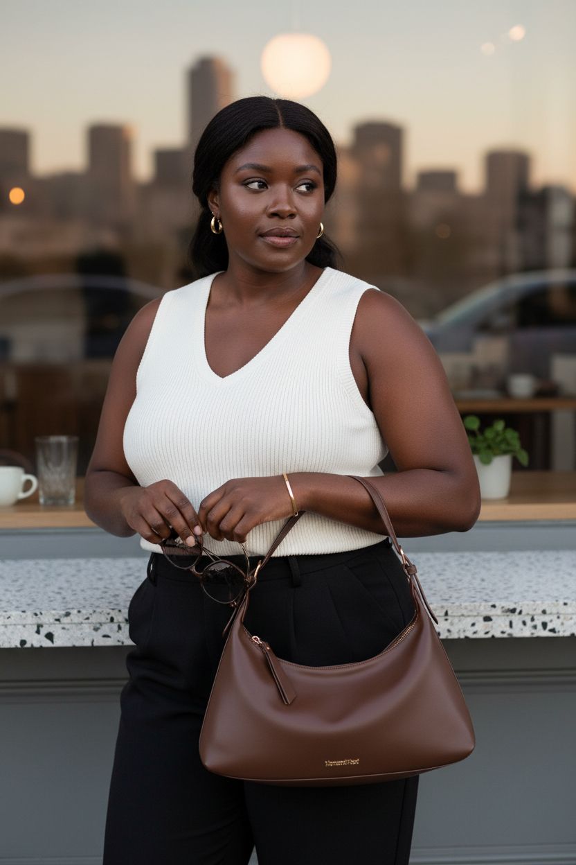 Montana West brown hobo bag outside a café, showcasing its stylish crescent design.