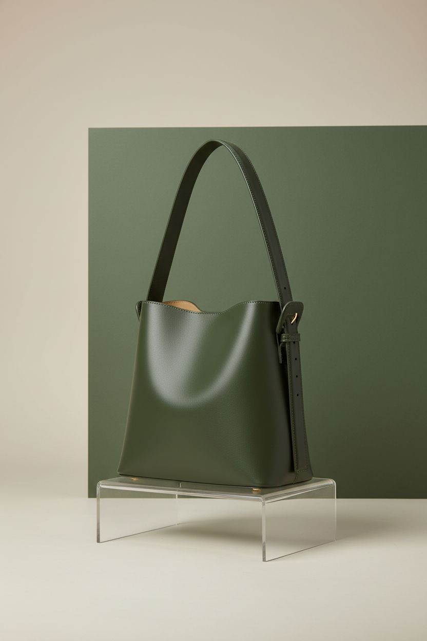 BOSTANTEN green bucket bag purse showcased in a studio setting
