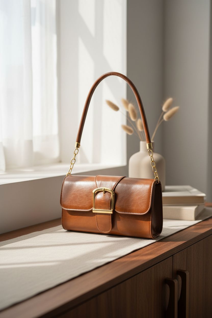 Serene still life featuring Gosect brown buckle bag on a sunlit windowsill.