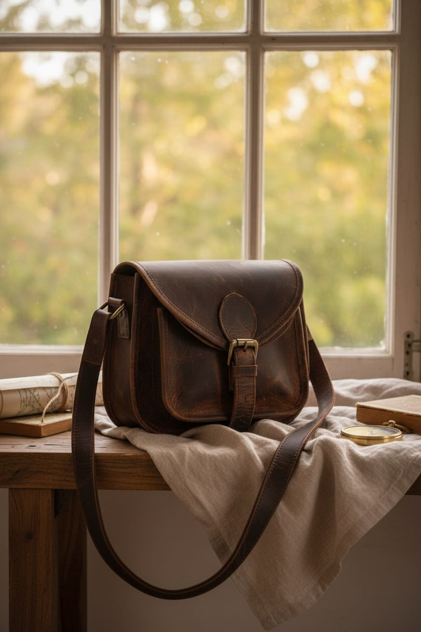 Cozy travel nook featuring Vintage Crafts dark brown buffalo leather purse on a walnut bench.