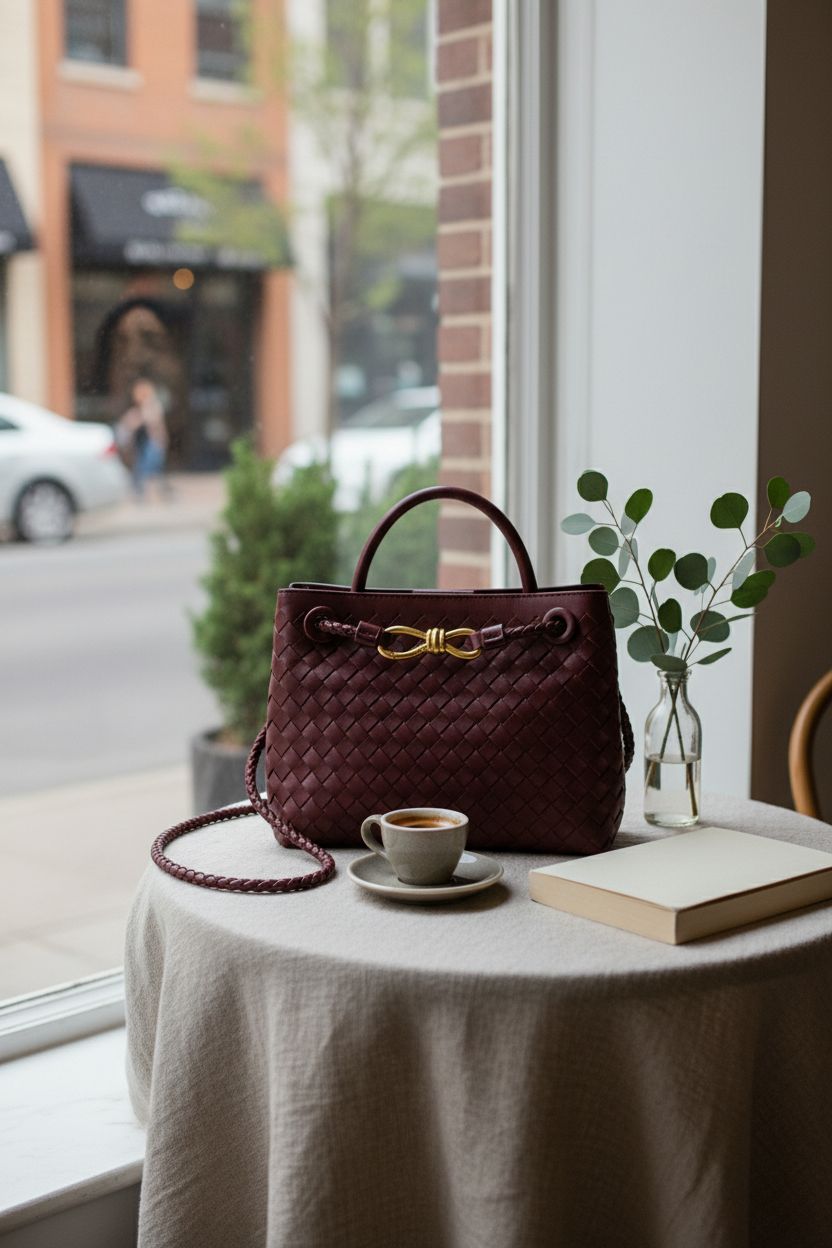 LEESTUTY burgundy handbag placed elegantly on a cafe table, exuding a cozy and stylish atmosphere.