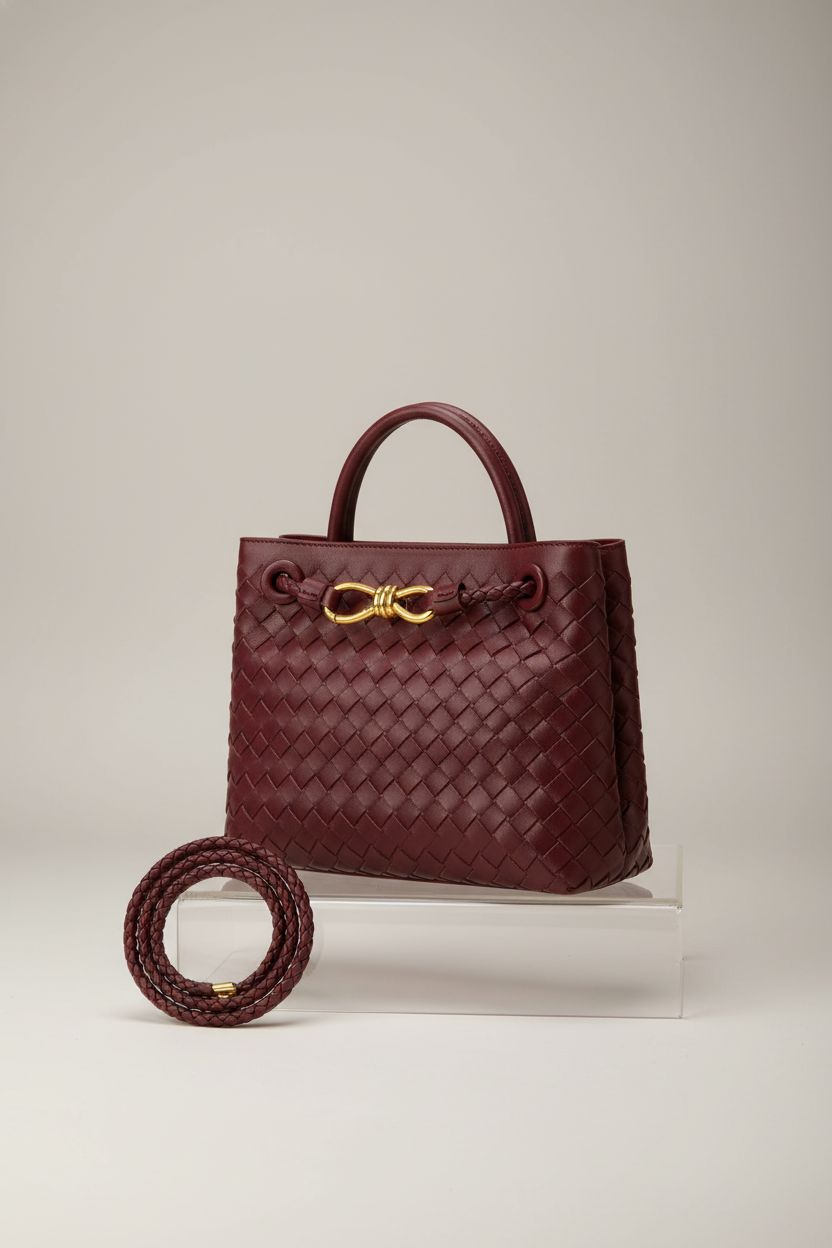 Product shot of LEESTUTY burgundy woven tote bag, highlighting its craftsmanship and design details.