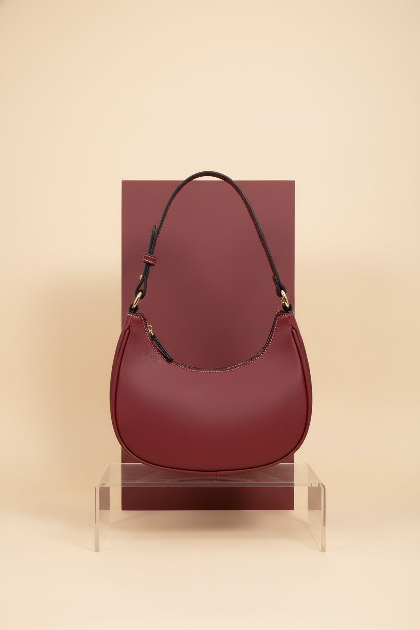 FashionPuzzle burgundy crescent shoulder bag displayed on acrylic riser with elegant studio backdrop