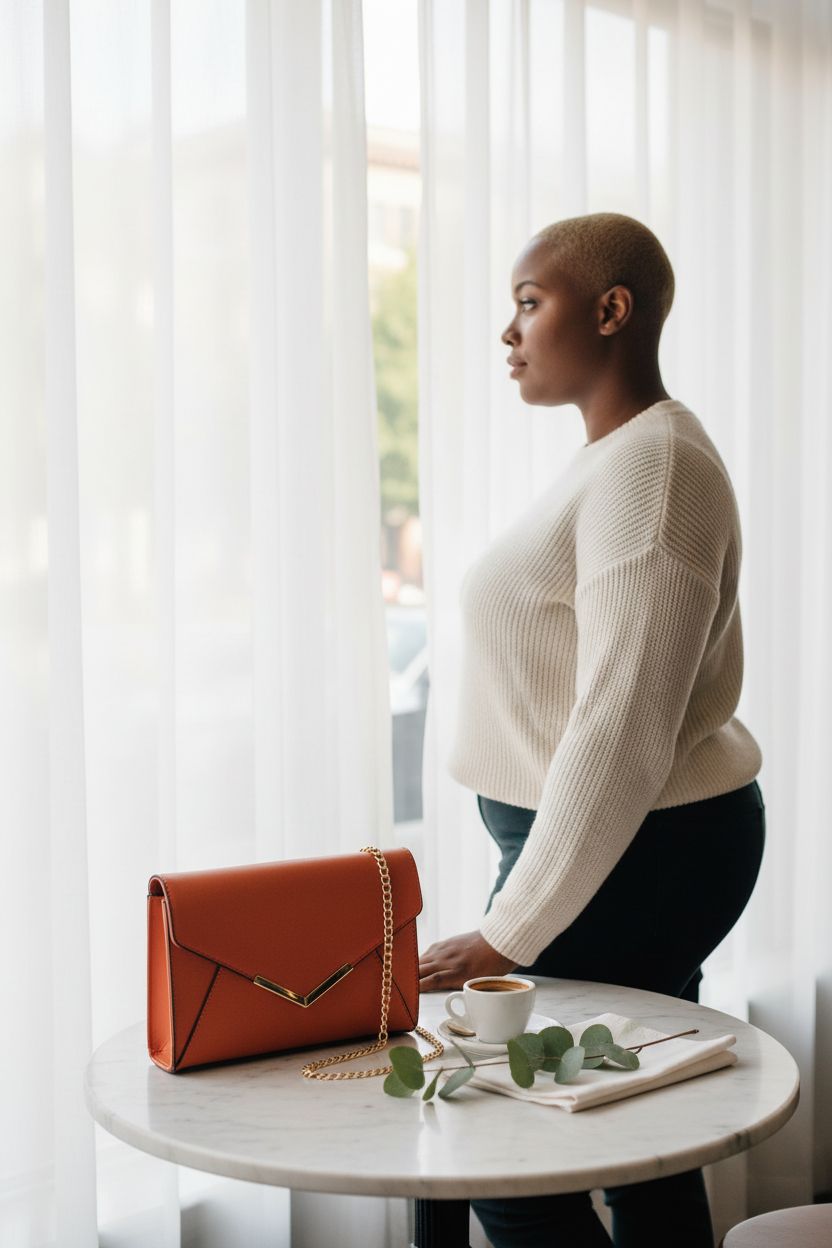 Burnt orange KKXIU clutch resting on marble table in a cozy café with morning light.
