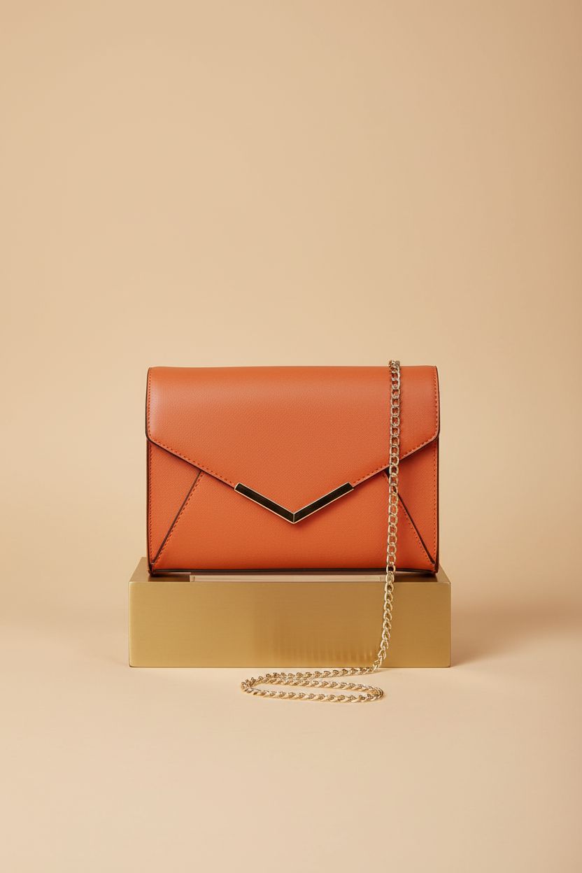 KKXIU burnt orange evening clutch purse showcasing saffiano grain and gold hardware details.