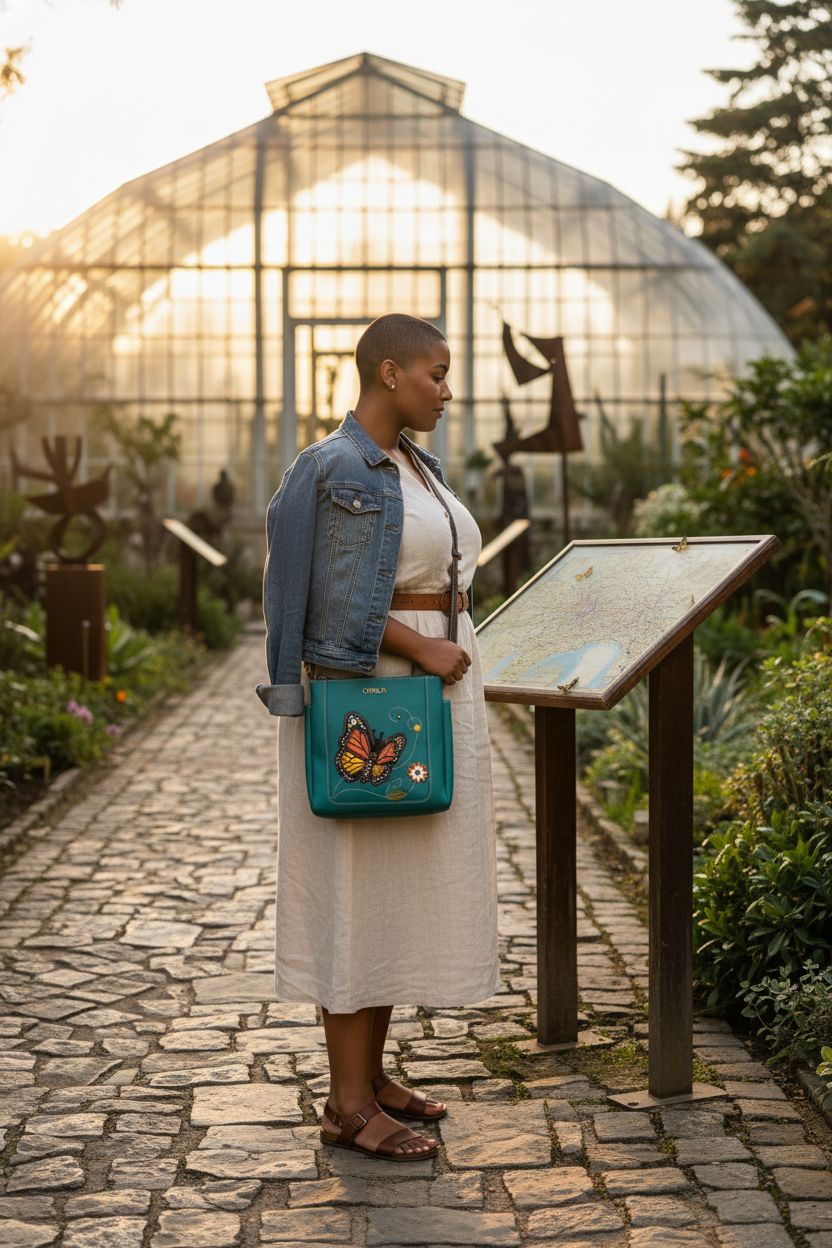 Turquoise CHALA crossbody purse with Monarch Butterfly design in a botanical garden
