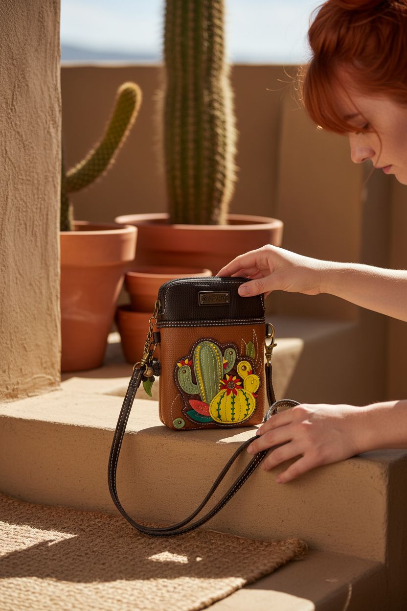 CHALA cactus leather bag resting on a cozy patio ledge with terracotta pots in the background.