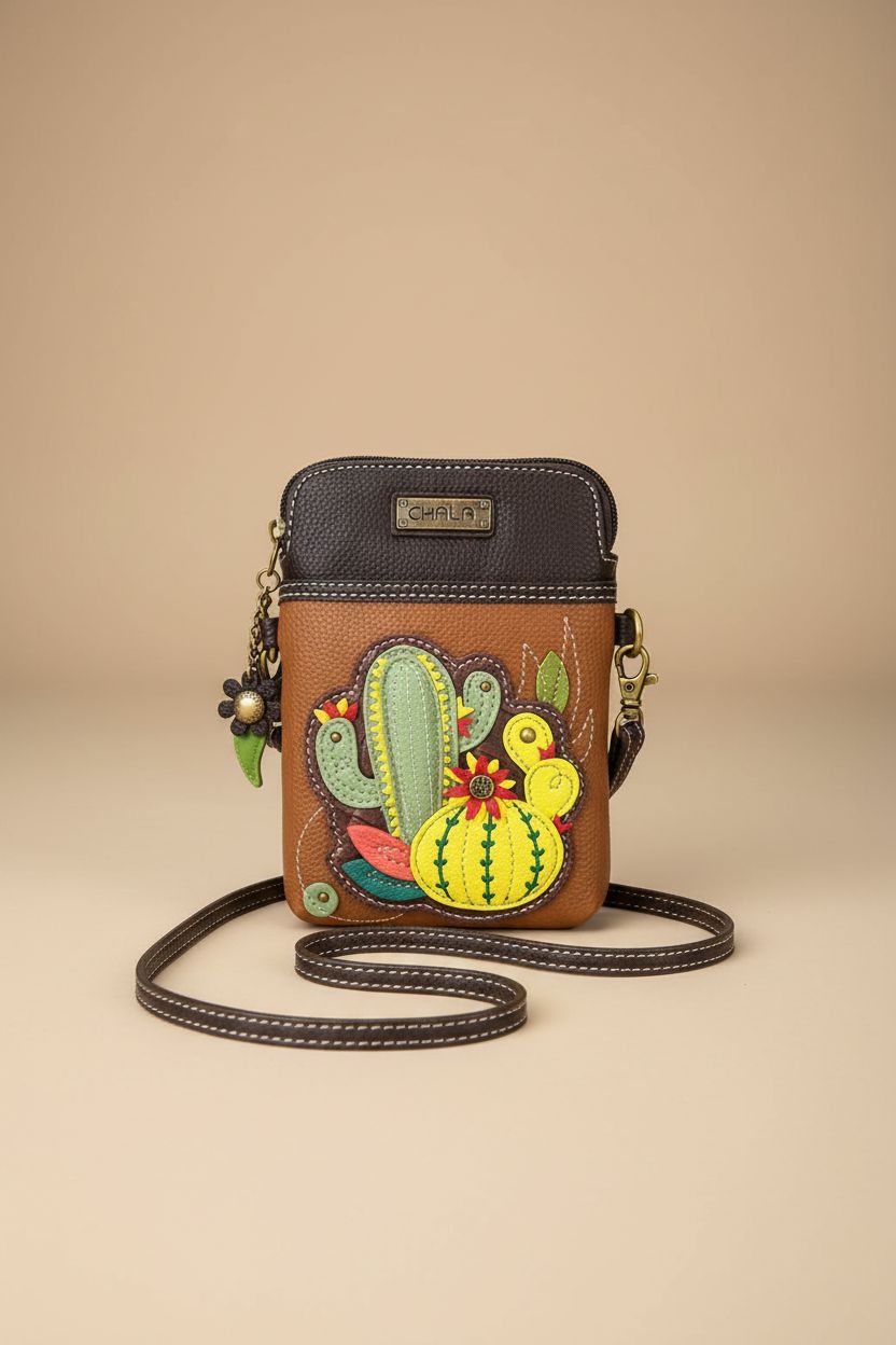 Front view of the CHALA cactus leather crossbody purse highlighting its design and texture.
