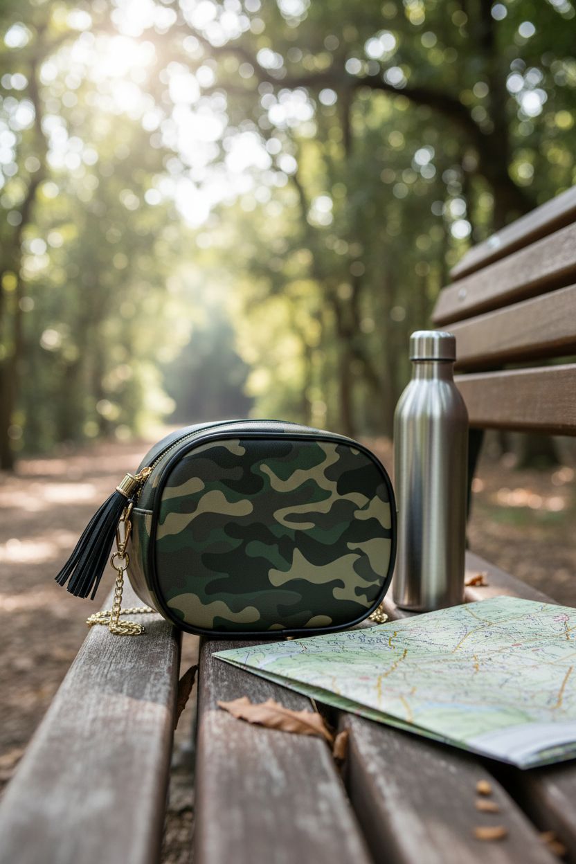ALAHA camouflage handbag resting on a bench with a khaki map and water bottle.