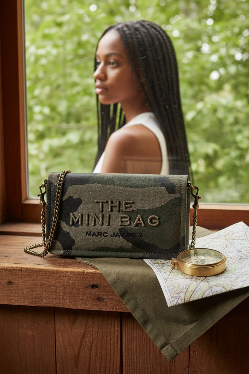 Marc Jacobs camo purse resting on a rustic cabin windowsill, surrounded by nature-inspired decor for a cozy vibe.