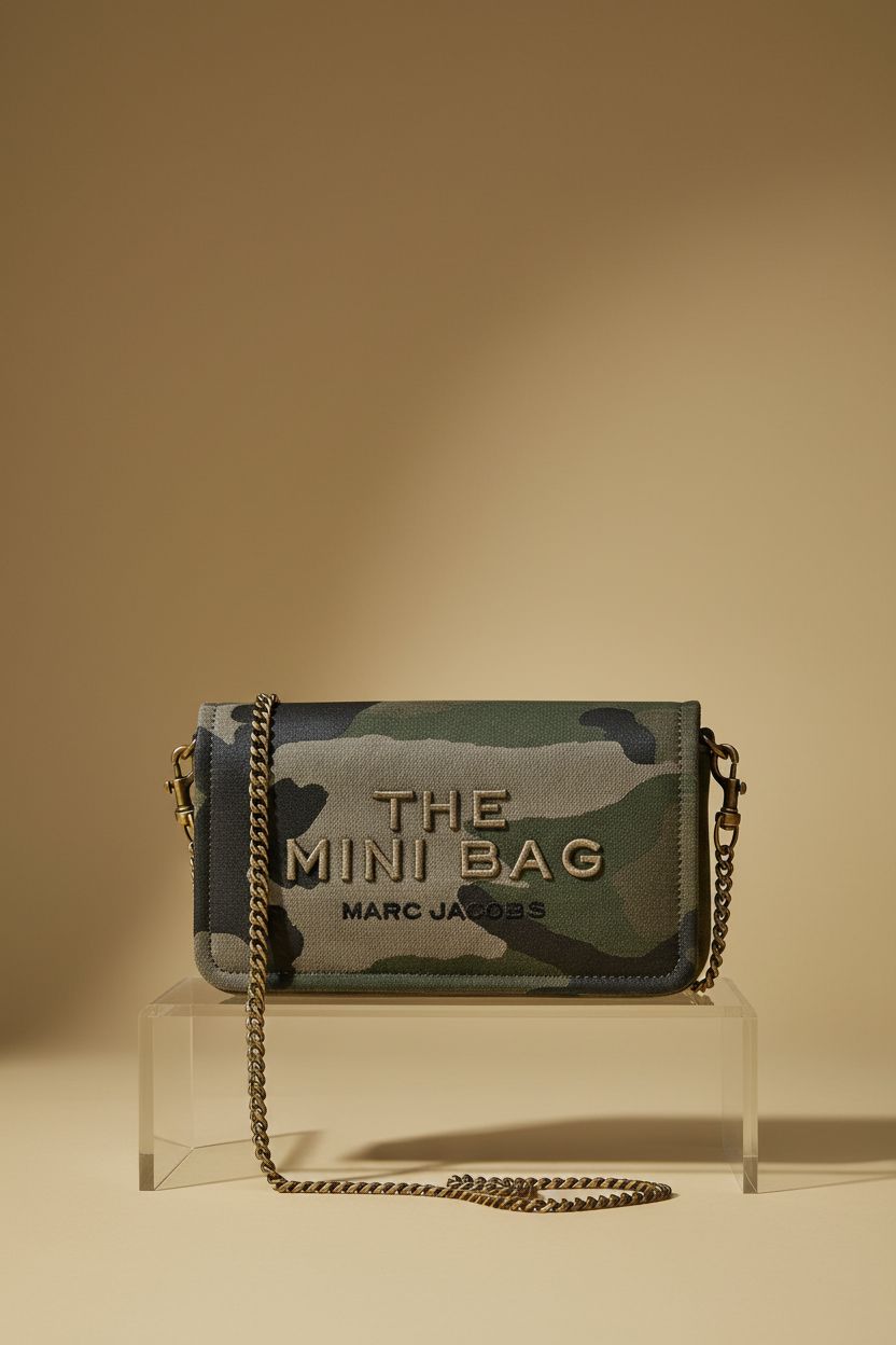 Marc Jacobs camo purse on a sleek acrylic riser, showcasing its unique weave and elegant chain detail in studio light.