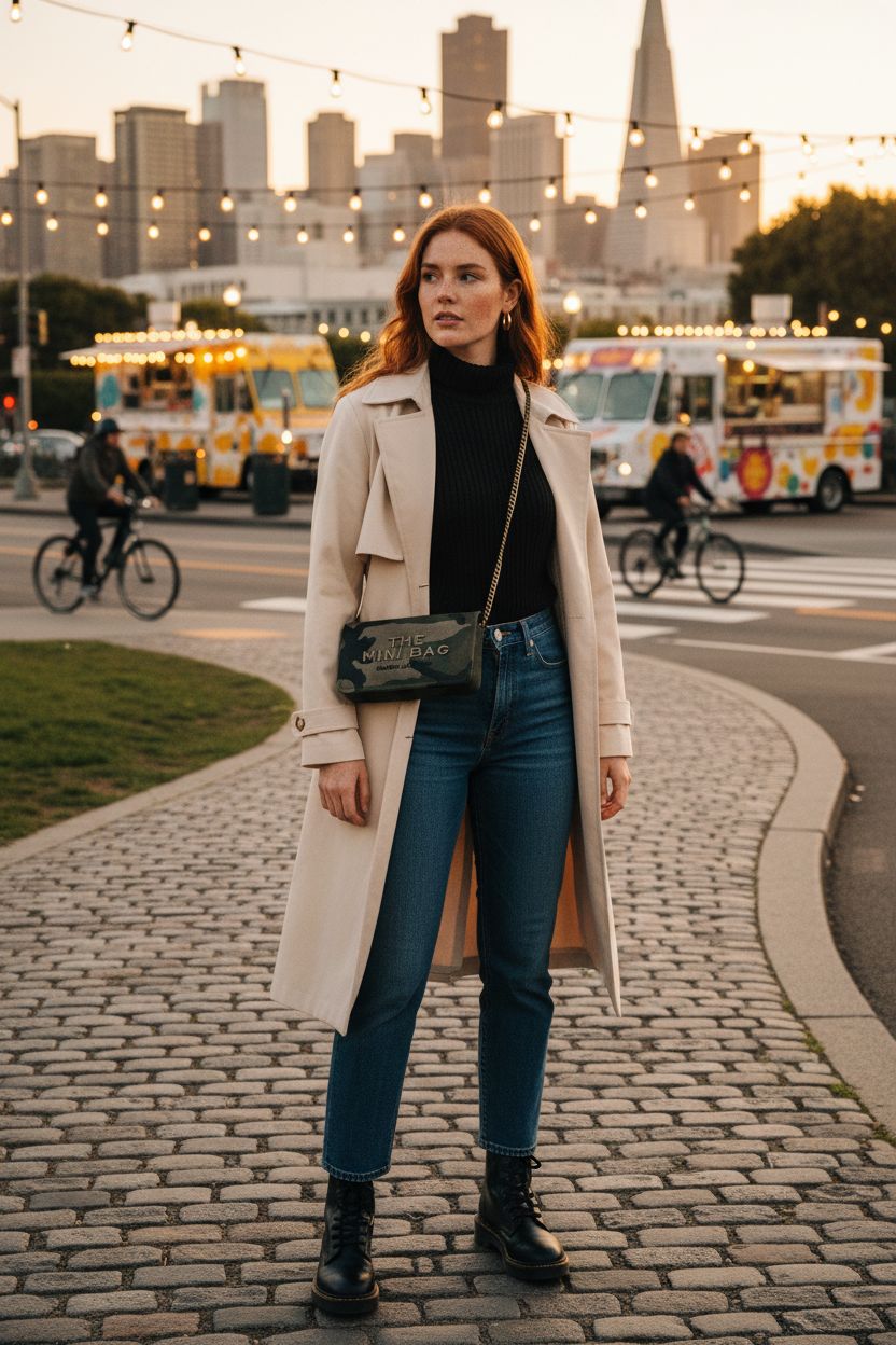Marc Jacobs camo purse in a cozy urban park setting during golden hour, showcasing its stylish design.