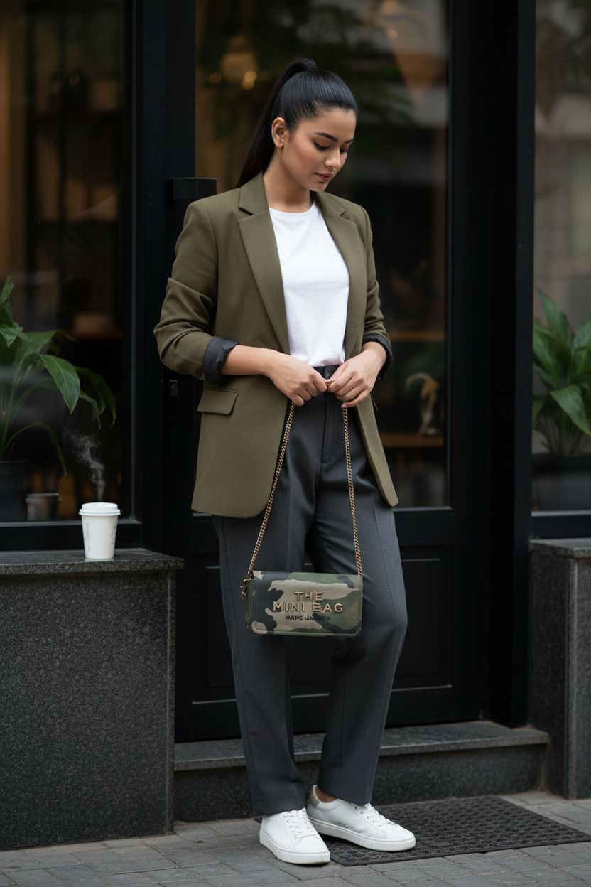 Marc Jacobs camo purse held casually outside a modern café, highlighting its chic chain strap and versatile style.