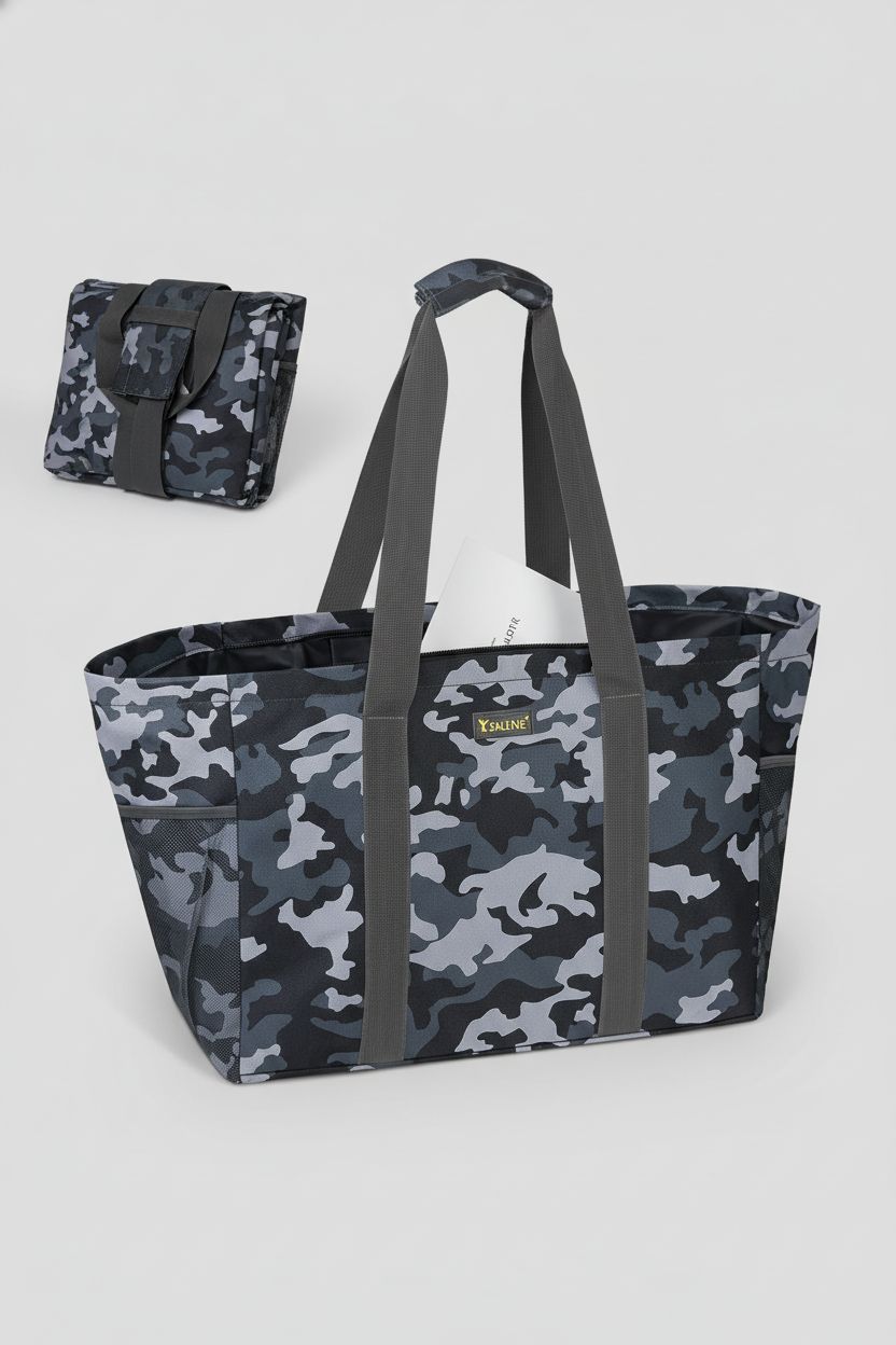 BALEINE grey camo tote bag displayed in a studio, highlighting its design