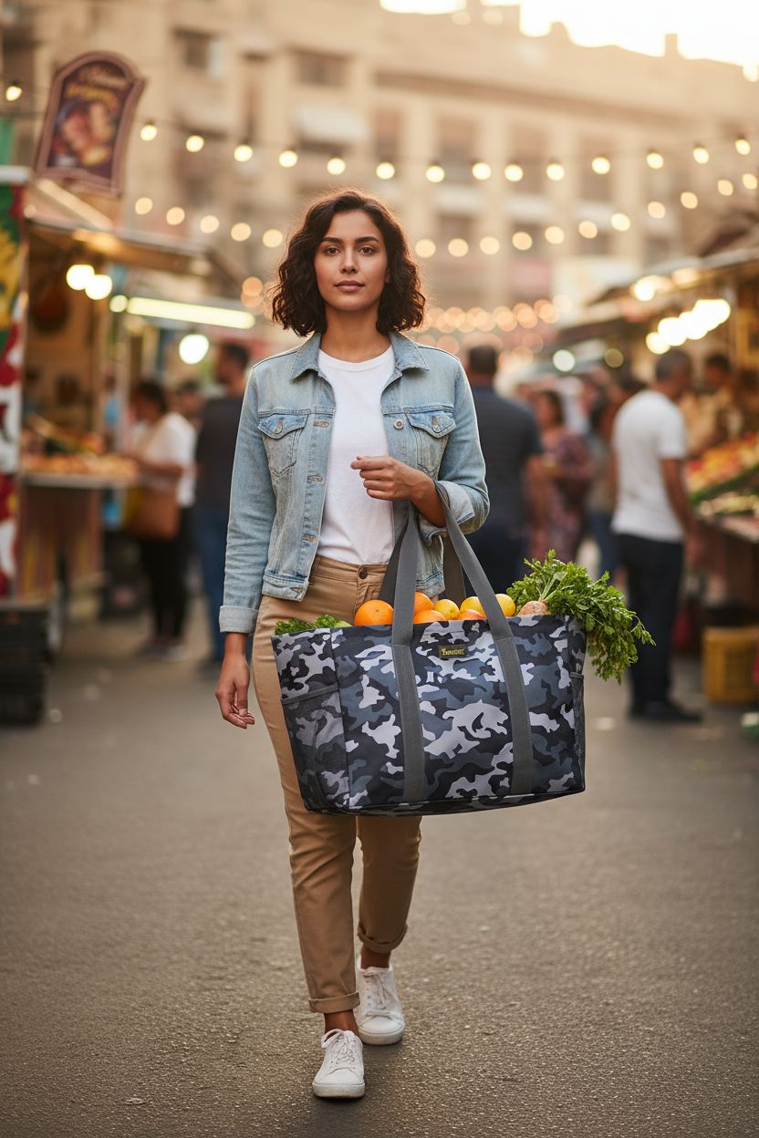 BALEINE grey camouflage tote bag filled with fresh produce at a market
