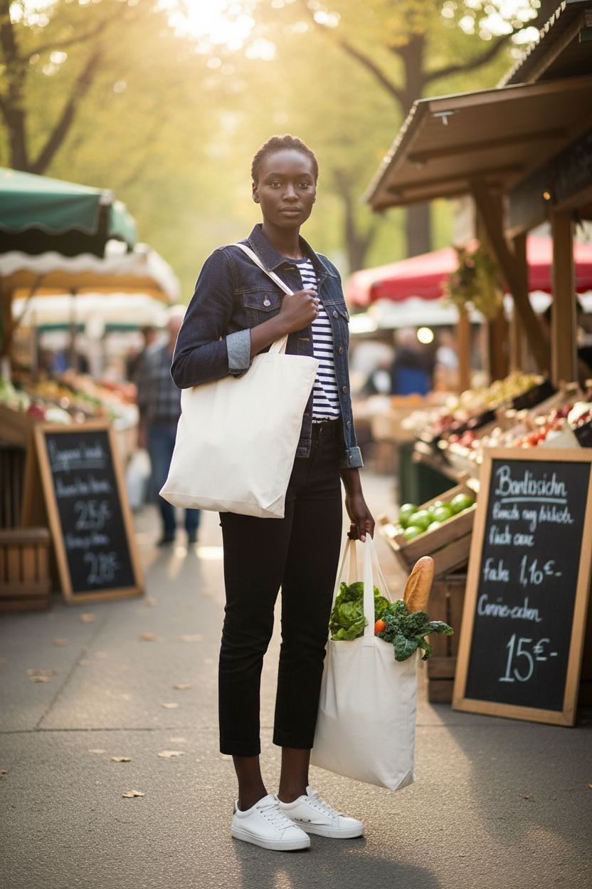 NPBAG cotton tote bag carried at a farmer's market, filled with fresh produce