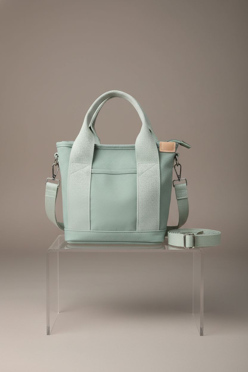 Halemet small tote bag on a studio set, focusing on craftsmanship and details.