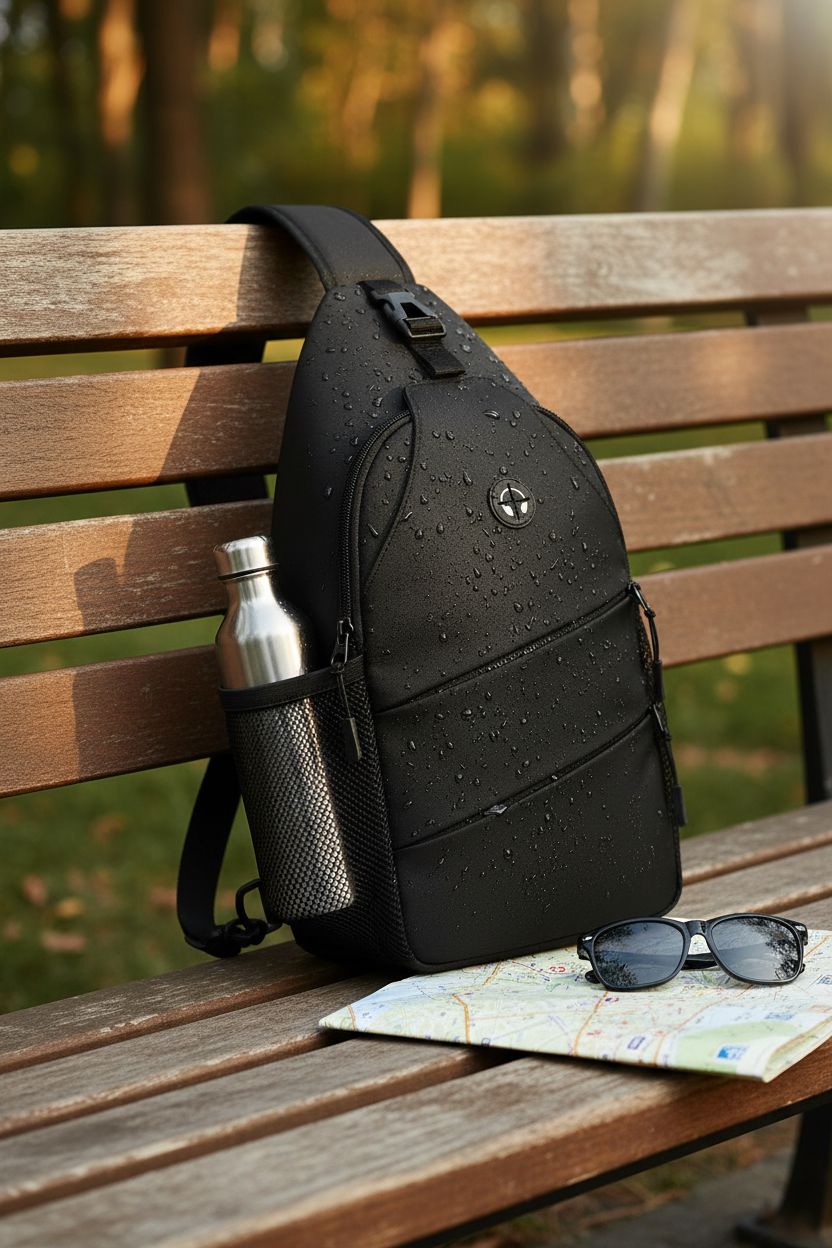 Pritent sling bag on wood bench in park, showcasing waterproof material and thoughtful design.