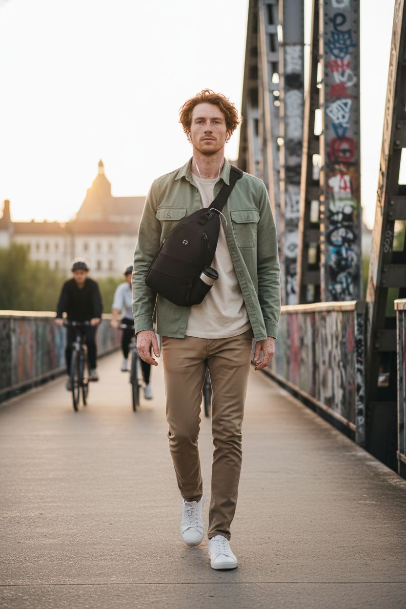 Pritent crossbody bag in black on urban footbridge, ideal for travel and outdoor use.