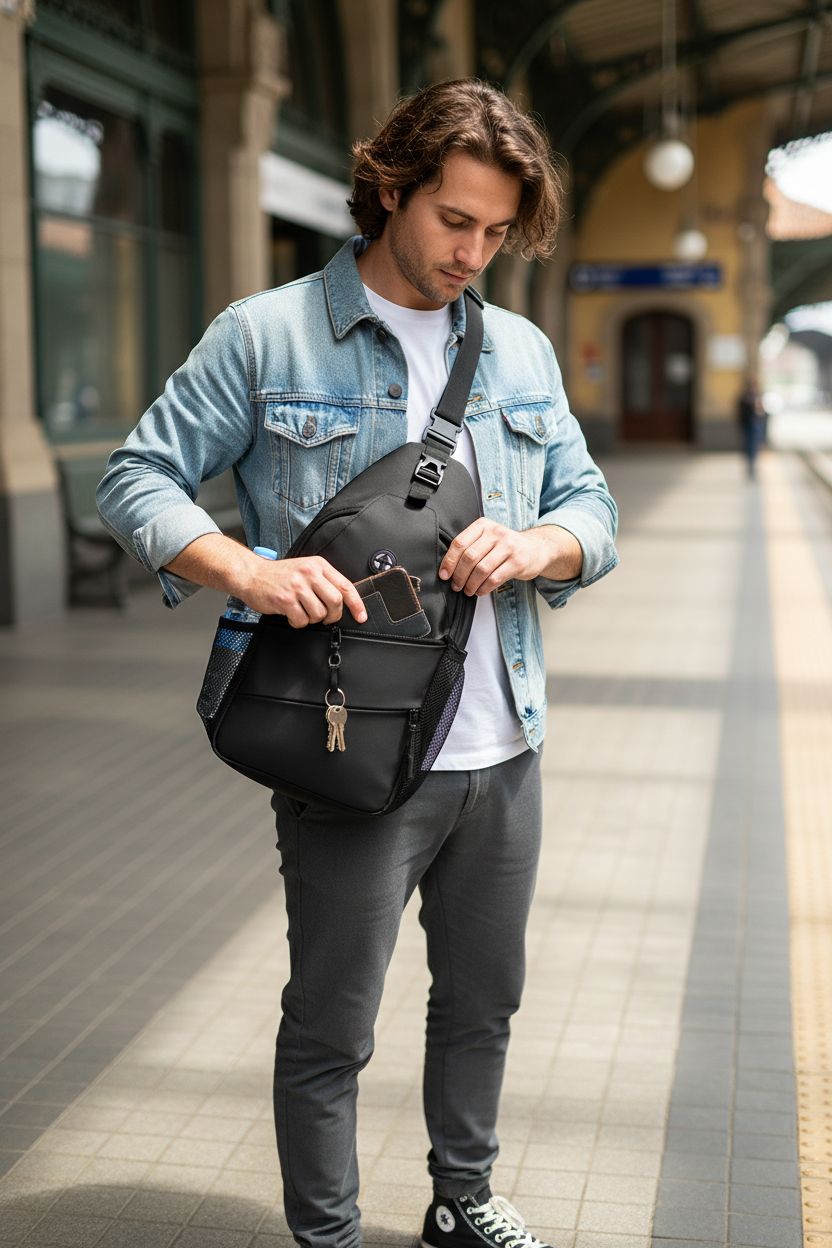 Pritent casual sling bag in black on travel platform, perfect for easy access essentials.