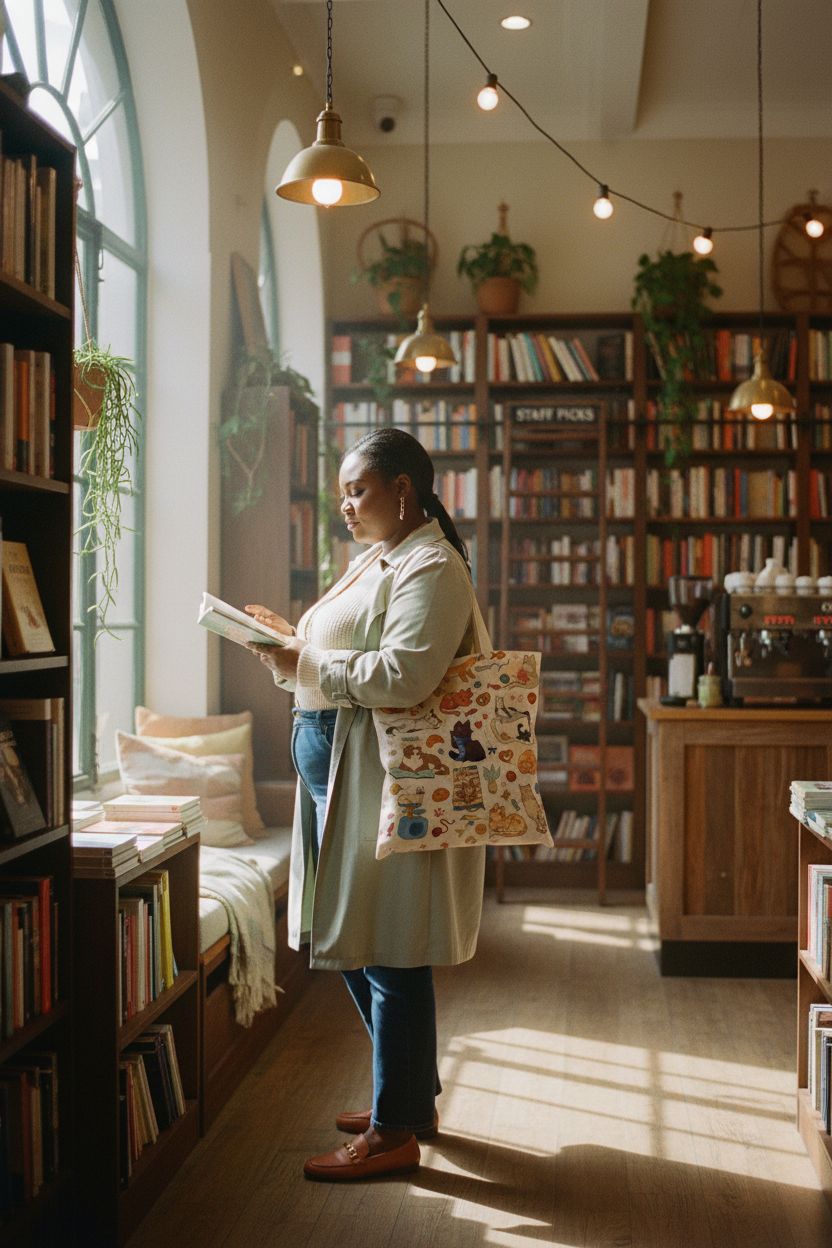 Ialtsidws cat print tote bag in indie bookstore, perfect for book lovers.