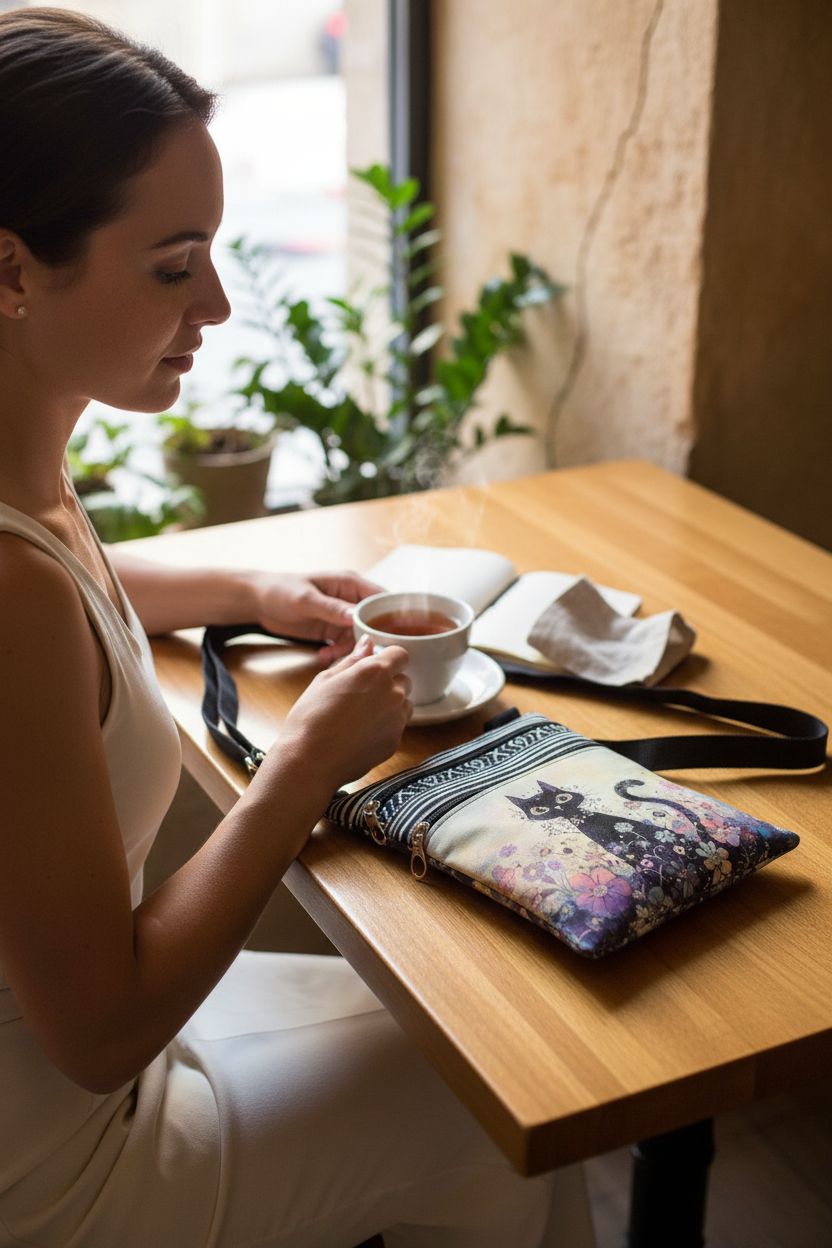 LiuenMgg black cat handbag beside tea and notebook in a cozy café setting, showcasing vibrant design.