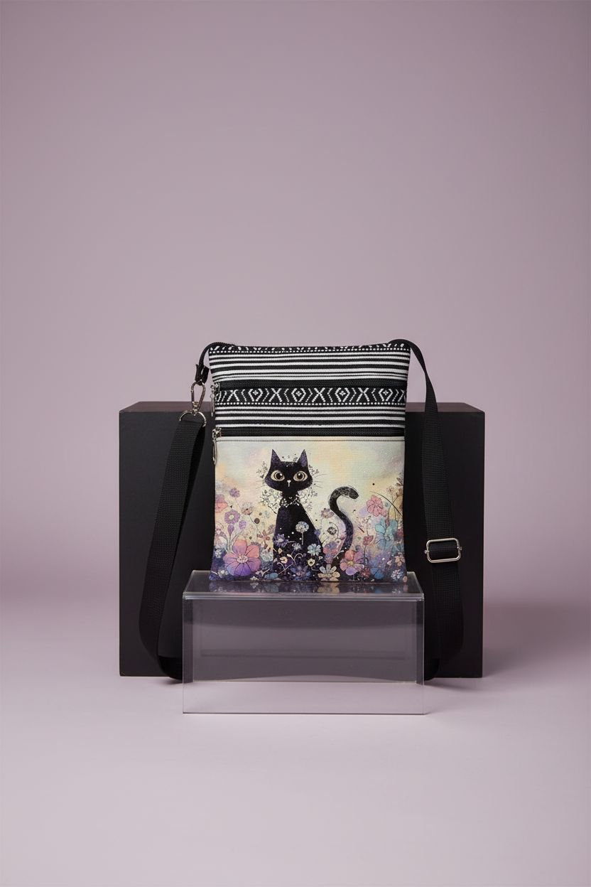 Detailed view of LiuenMgg black cat messenger bag highlighting texture and ethnic patterns.