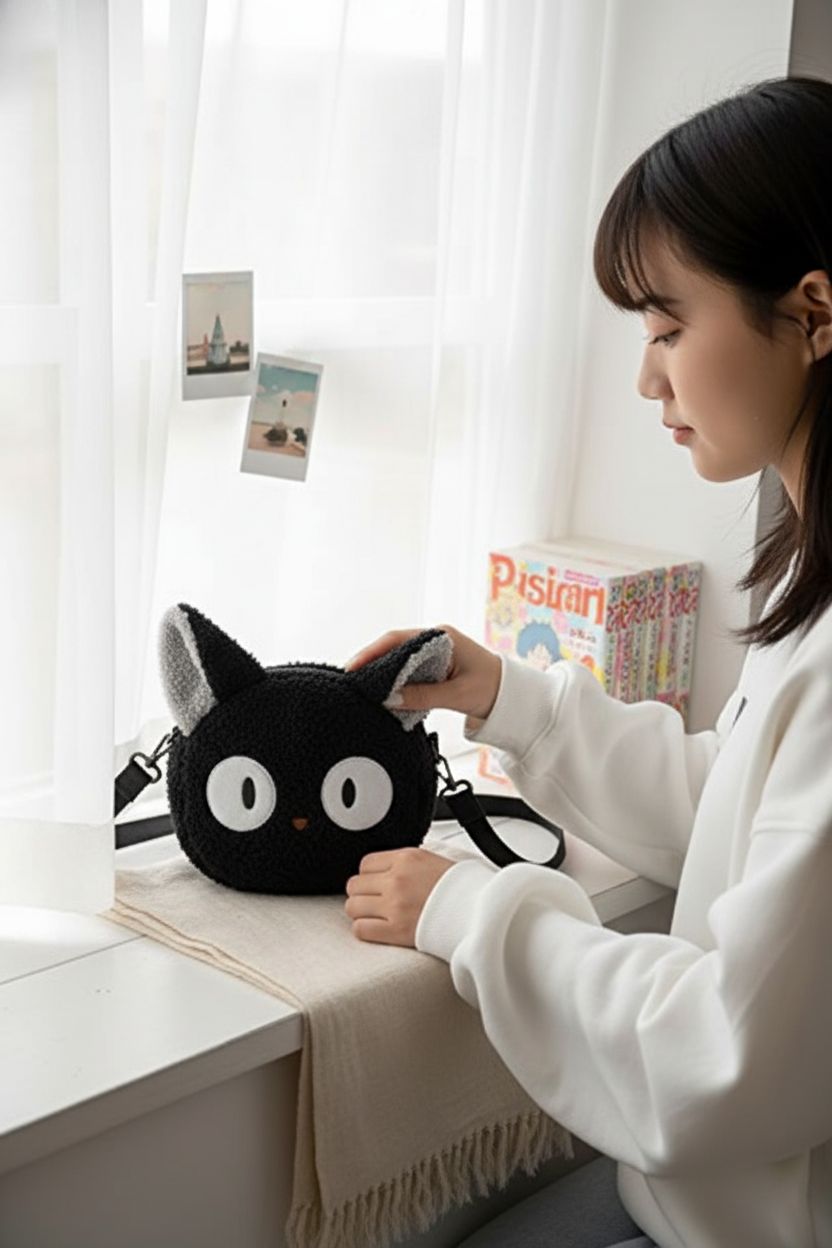 Lefe Liee black plush cat bag set on a cozy windowsill with soft lighting.