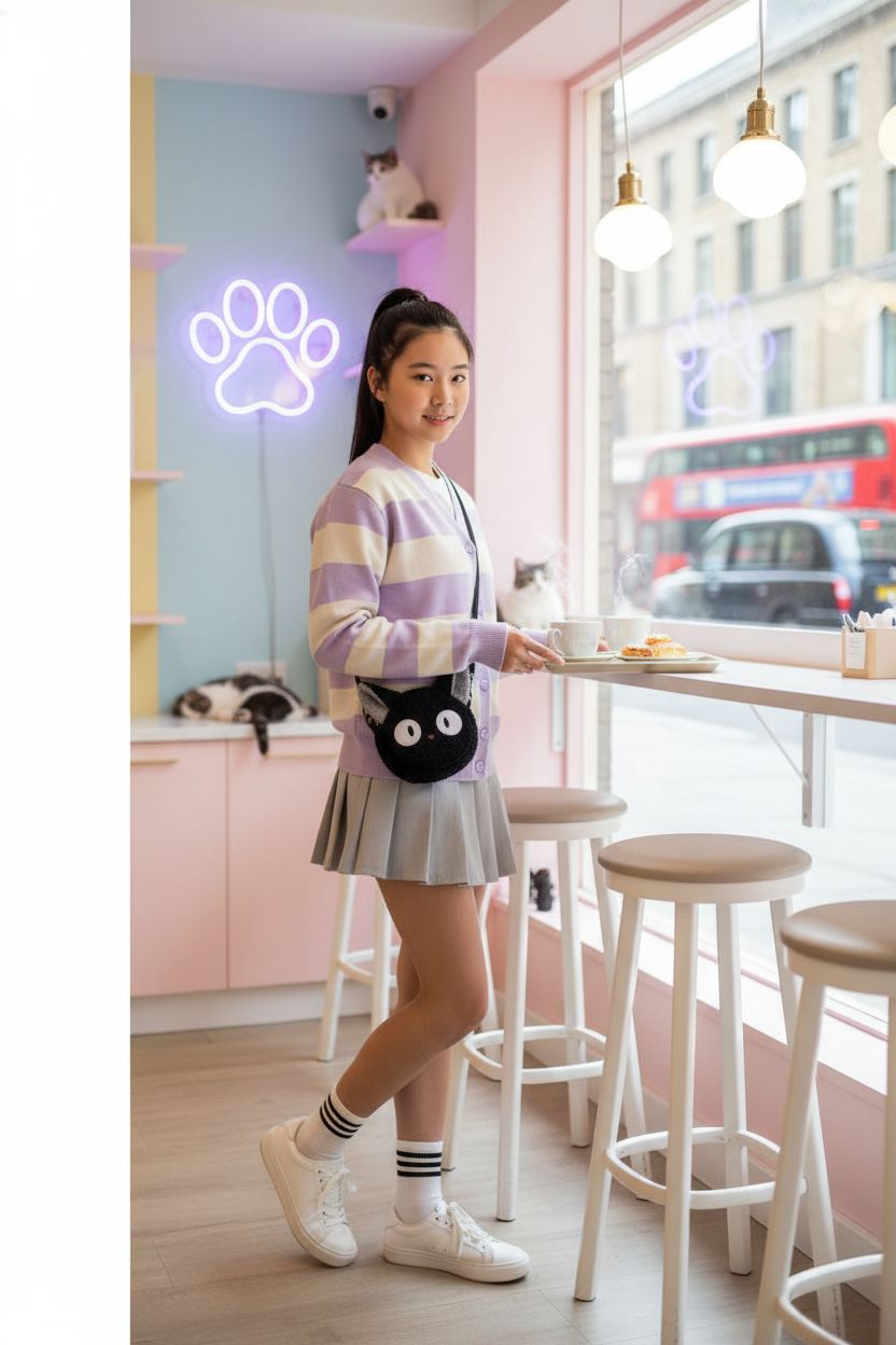 Lefe Liee plush cat crossbody bag, stylish design in a vibrant café setting.