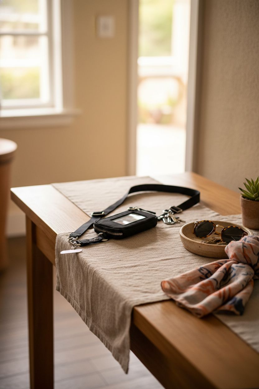 Tiostep crossbody phone strap and wallet displayed elegantly on a console, emphasizing design.