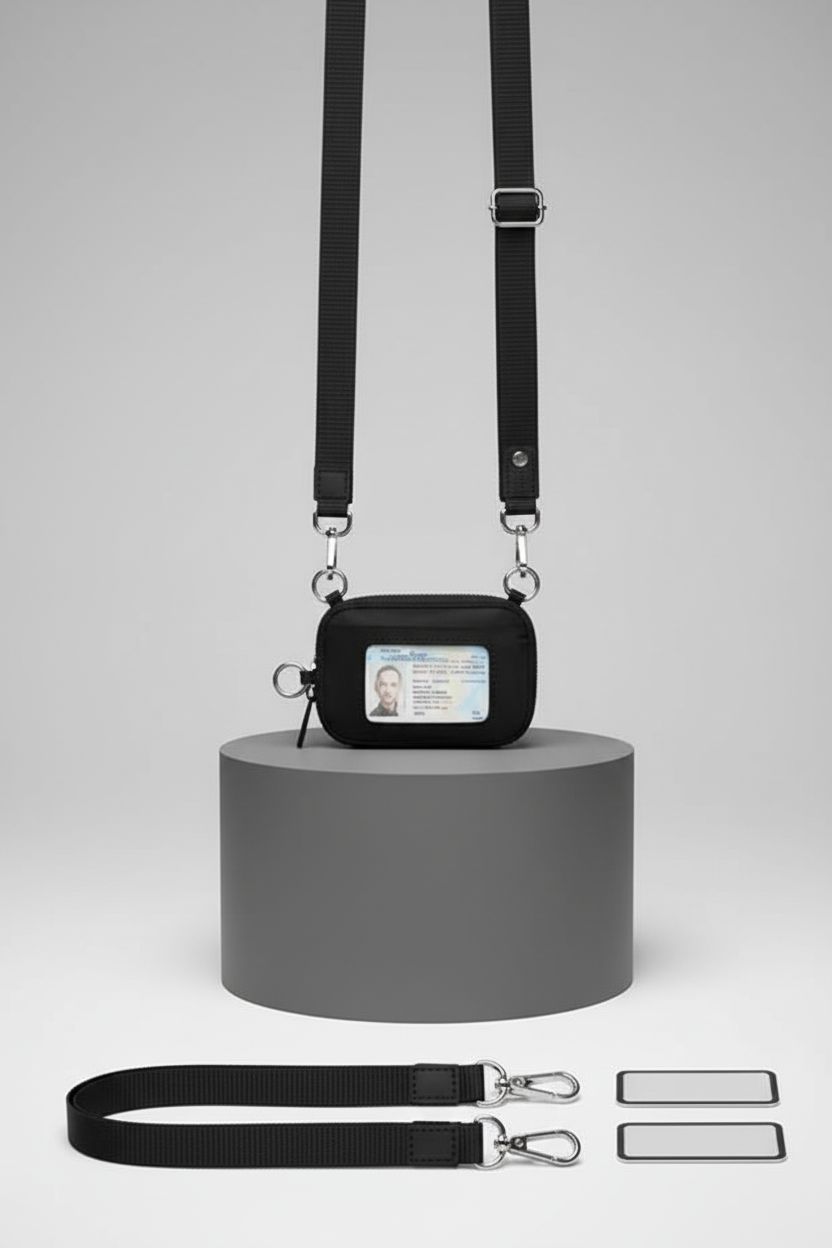 Tiostep adjustable crossbody phone lanyard and RFID wallet featured in studio setting.