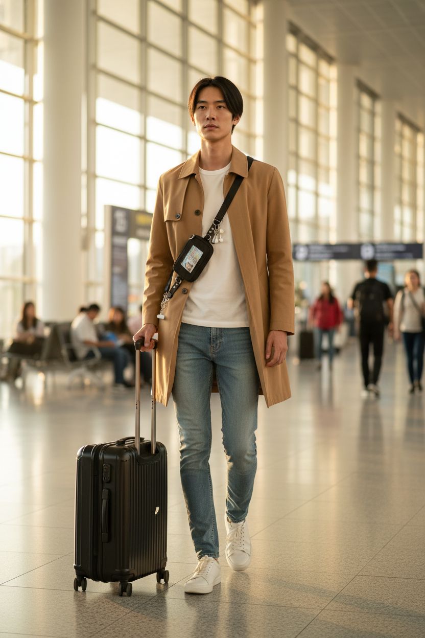 Tiostep crossbody phone lanyard in a busy airport setting, showcasing functionality and style.