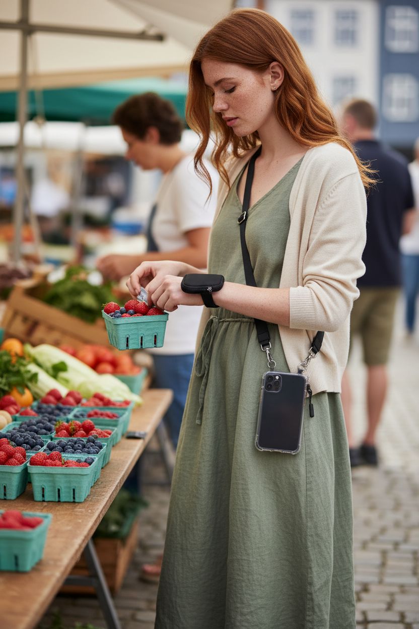 Tiostep phone crossbody wallet at a farmers' market, highlighting ease of access and style.