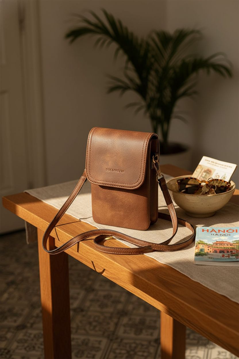 BOSTANTEN vegan leather purse on an oak console in a sunlit entryway