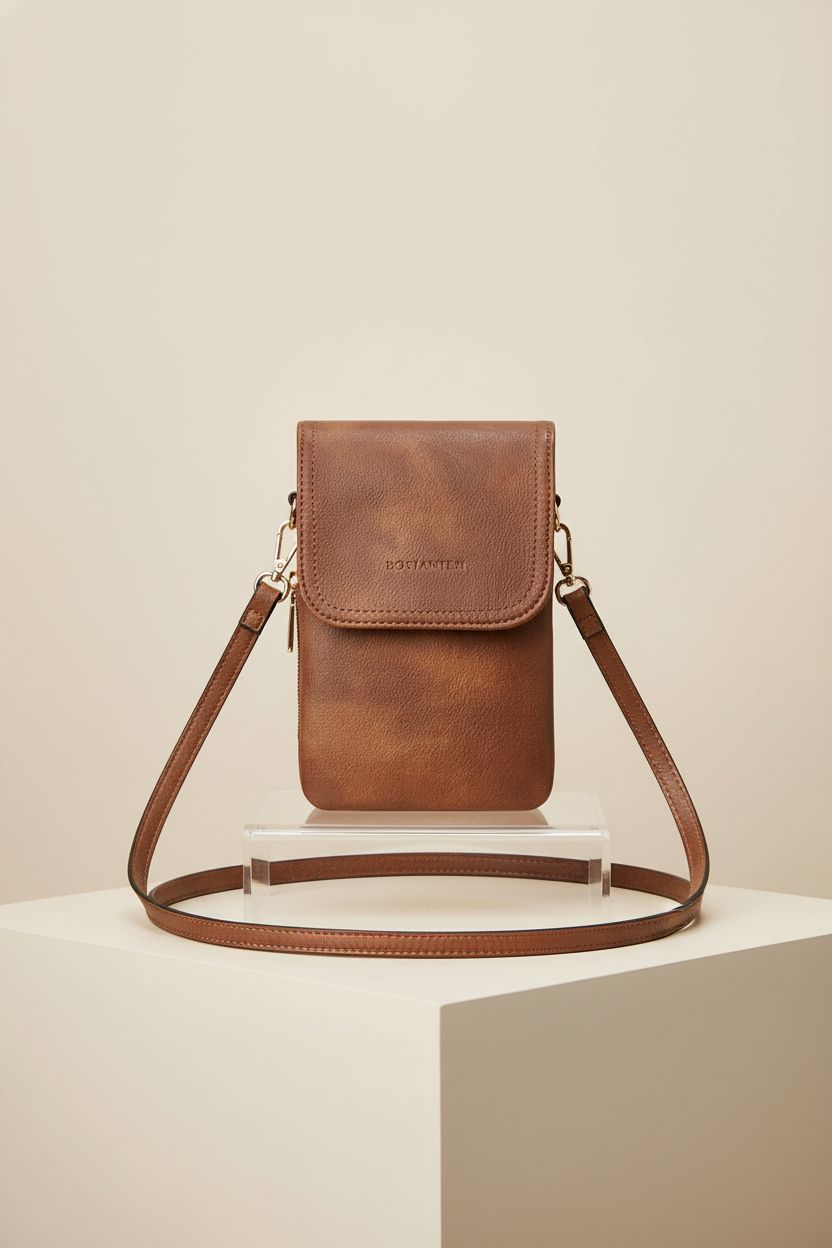 BOSTANTEN vegan leather cell phone bag on a minimal studio pedestal