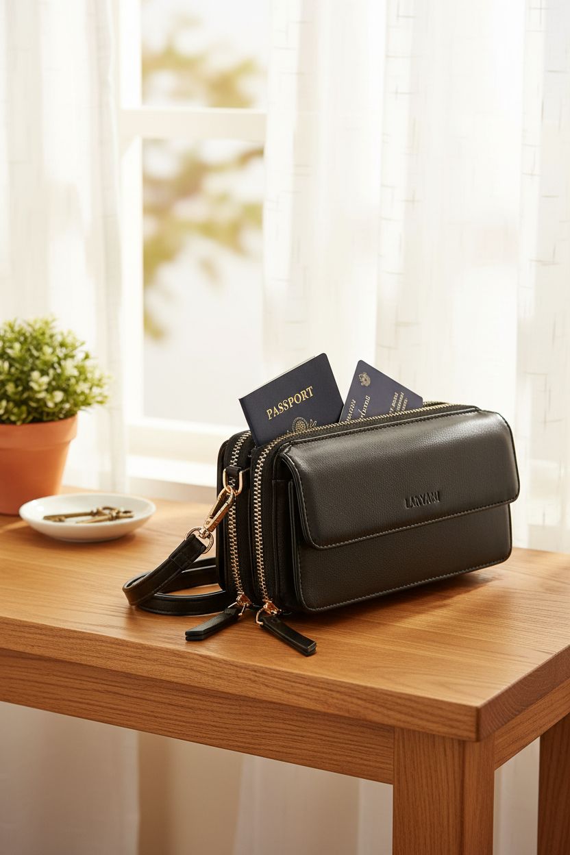 Lanyani black cell phone wallet purse elegantly resting in a cozy nook with morning light and keys.