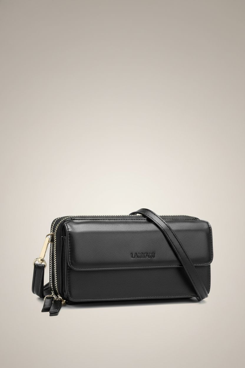 Lanyani black wallet purse displayed on a seamless background, highlighting its sleek design and functionality.