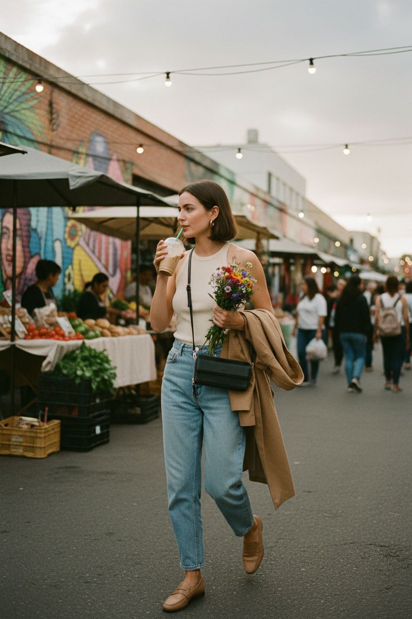 Lanyani black crossbody wallet purse showcased at a vibrant farmers' market, hands-free convenience.
