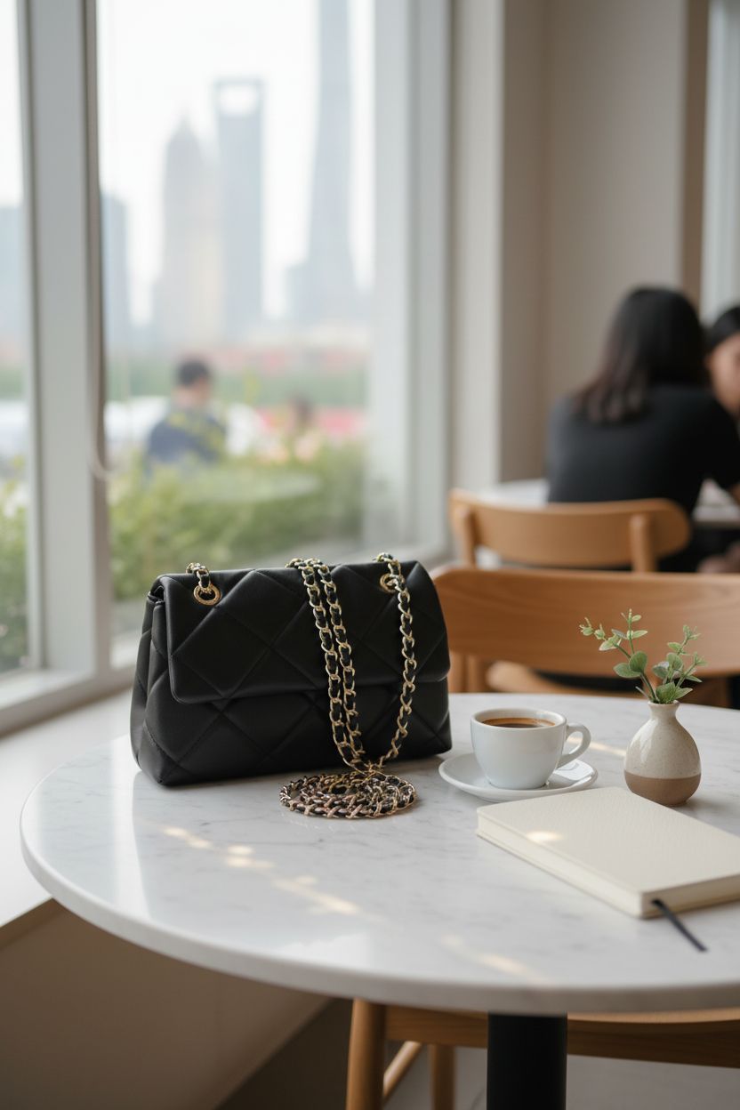 Gladdon quilted bag resting on marble with coffee, showcasing its chic design and chain.