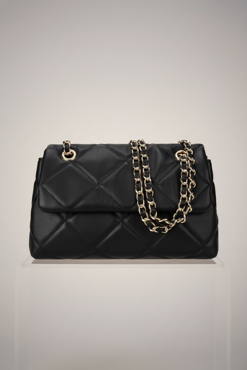 Gladdon black quilted crossbody bag highlighting craftsmanship, featuring elegant chain detail.