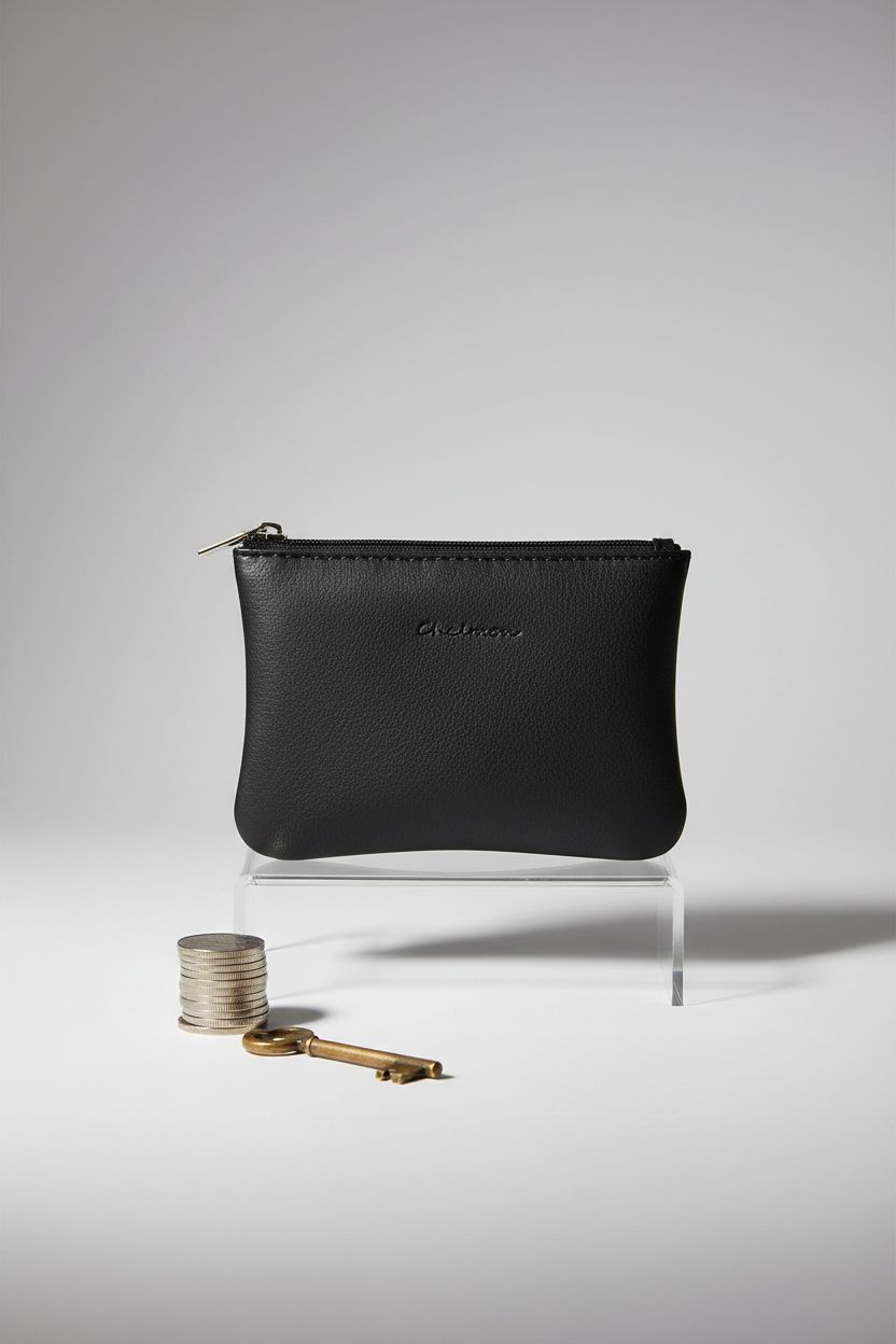 Close-up of Chelmon vegan leather coin purse highlighting its sleek design and texture.