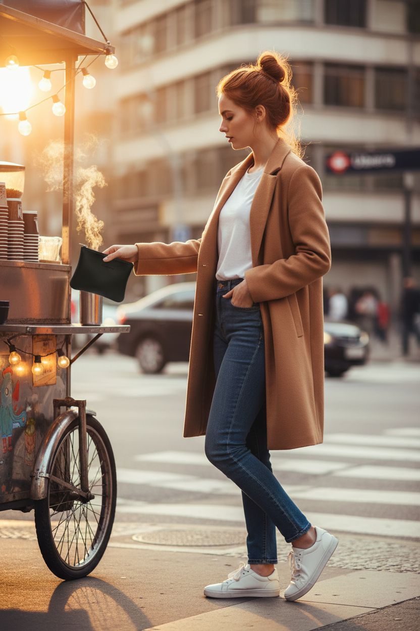 Chelmon vegan leather coin purse in hand, stylishly used in a coffee shop setting.