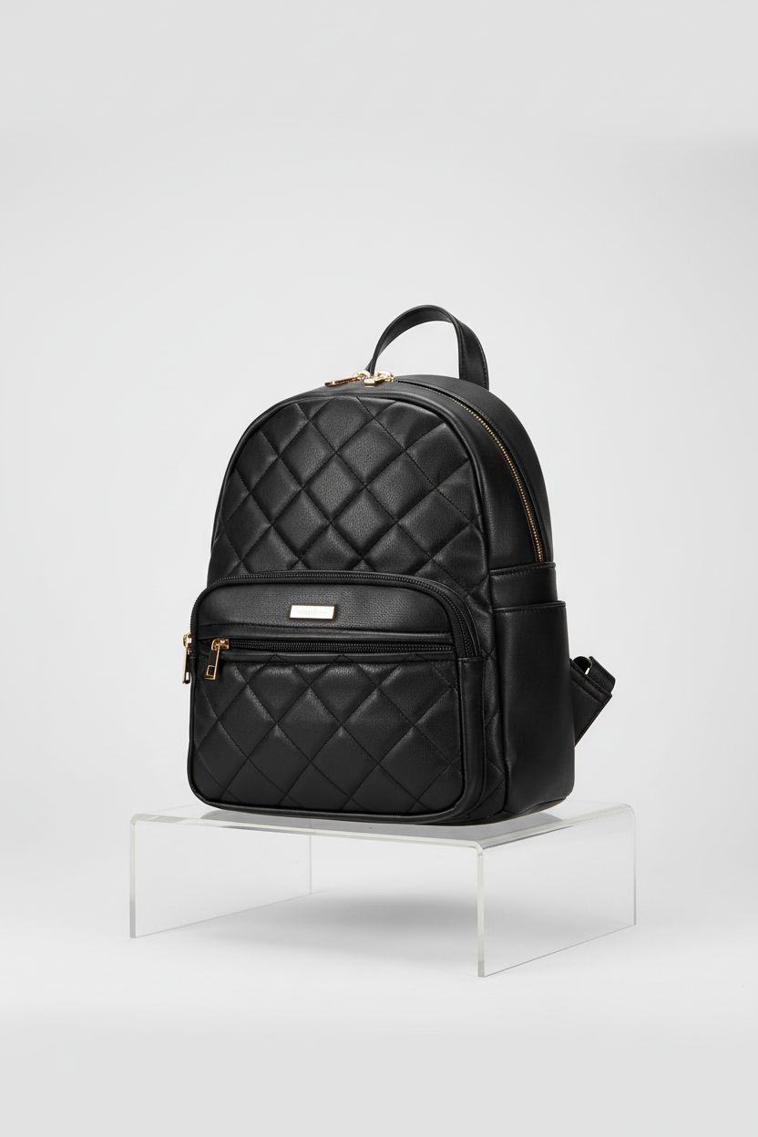 Marvolia Mini Backpack in black, highlighting quality vegan leather and gold details.