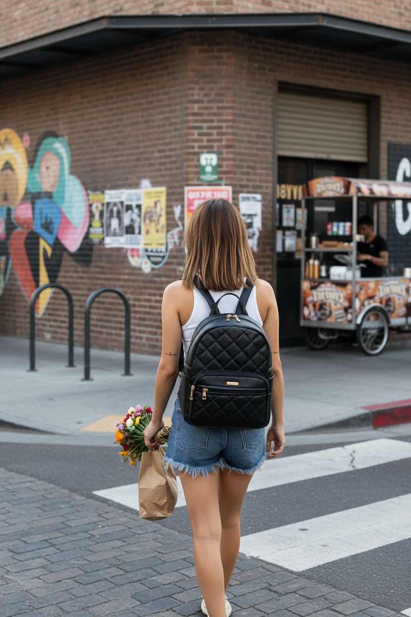 Marvolia Mini Backpack in black quilted vegan leather, perfect for weekend errands.