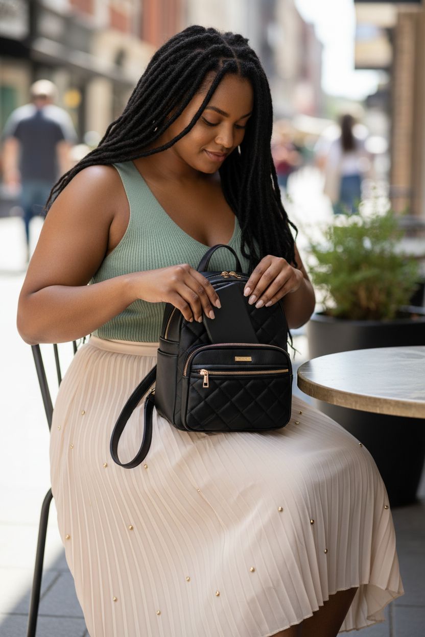 Marvolia Mini Backpack on lap, showcasing front zipper pocket, ideal for daily use.