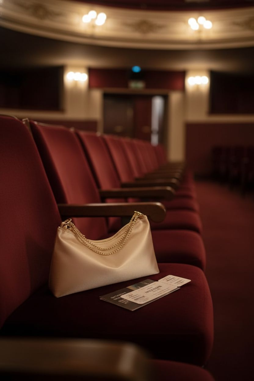 oscaurt satin handbag resting on plush velvet seat in a historic theater setting