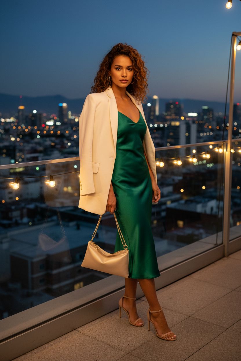 oscaurt champagne satin shoulder bag hanging elegantly at a rooftop cocktail bar