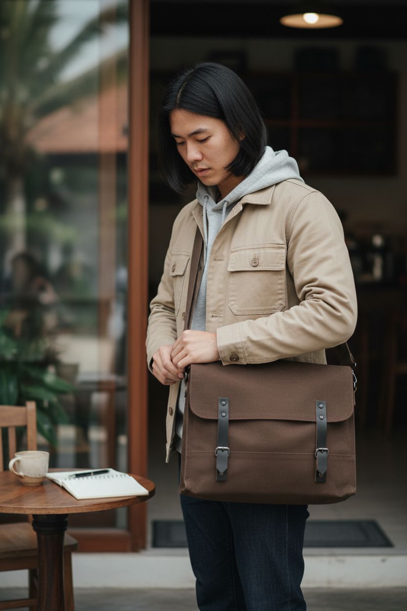 Rothco Med-Prep Canvas Bag in dark brown, styled at a café, showcasing crossbody use.