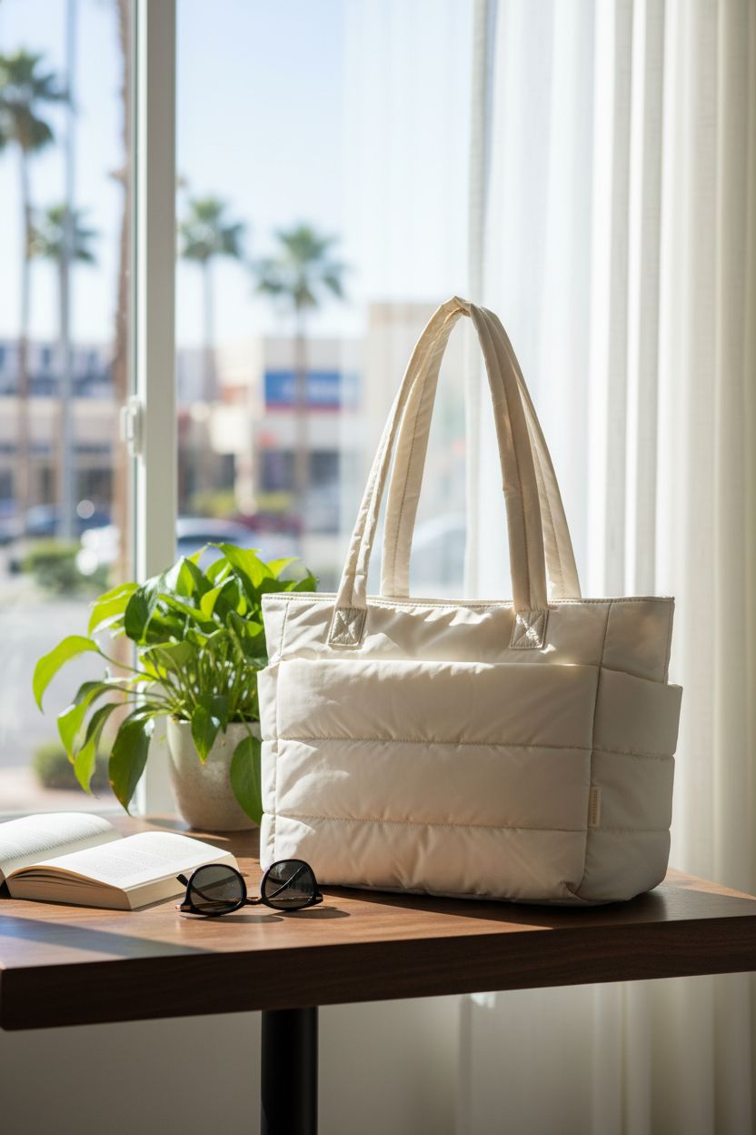 BAGSMART beige tote bag resting on a table with a book and sunglasses, perfect for casual days.