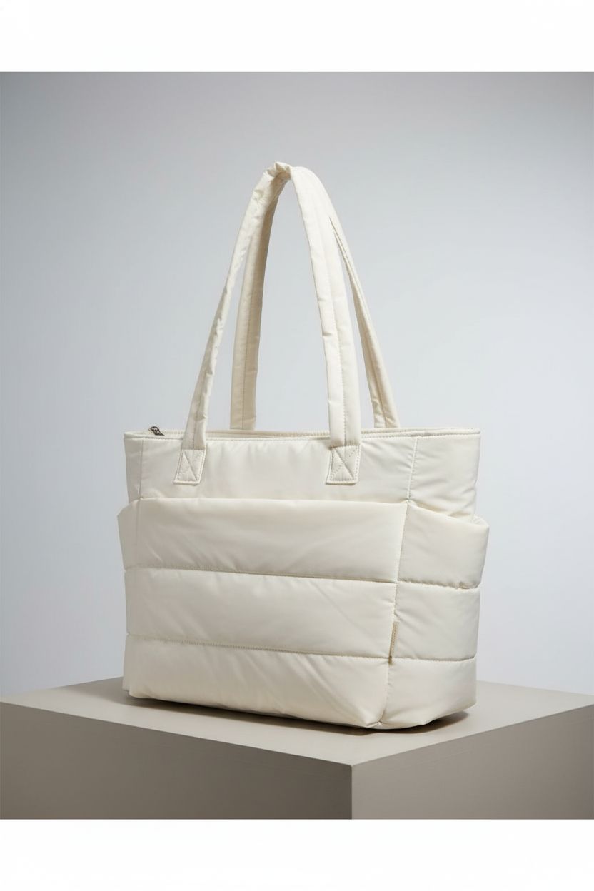 BAGSMART quilted beige tote bag on a neutral backdrop, showcasing its design and compartments.